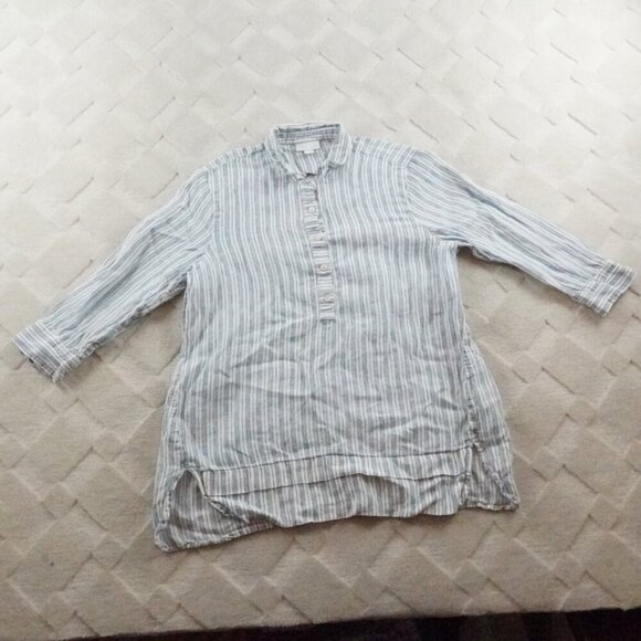 J.Jill Love Linen Blouse Women Small Striped White Blue Pop Over 1/4th Button - Picture 1 of 11